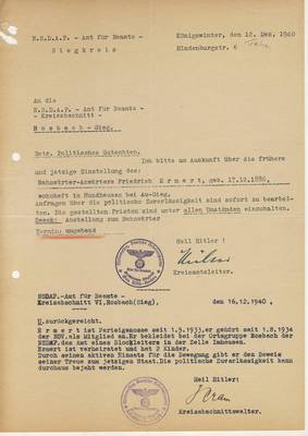 Gutachten und Beurteilungen der NSDAP über politische Zuverlässigkeit von Beamten © Archivbild Archivbild