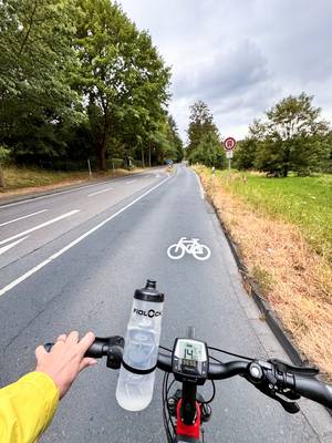 Die neue Fahrradpiktogrammkette auf der L268 talwärts zwischen Heisterbacherrott und Oberdollendorf erhöht die Sichtbarkeit des Radverkehrs.