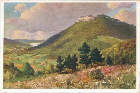Ilustrierte, farbige Ansichtskarte des Petersberg