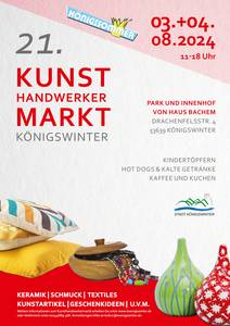 Plakat mit roter Schrift, Schmuck, Töpferwaren und Infos zum Markt