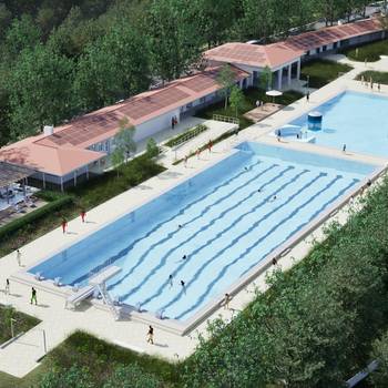 Das Lemmerz-Freibad (Fotomontage) aus der Vogelperspektive