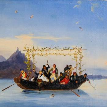 Caspar Scheuren Überfahrt, Boot auf blauem Hintergrund
