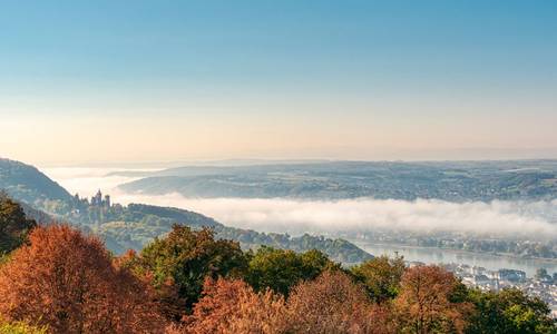 Das Siebengebirge, der Drachenfels mit Nebel und Wolken