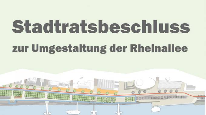 Entwurfskizze mit der Beschriftung "Stadtratsbeschluss zur Umgestaltung der Rheinallee"