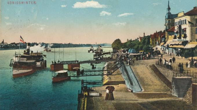 Colorierte Ansichtskarte des Rheins
