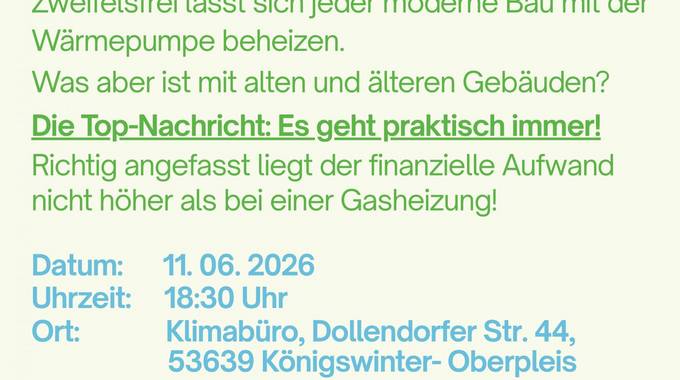 Plakat Vortrag Wärmepumpen © Klimagruppe Königswinter Plakat mit Infos zum Wärmepumpentag