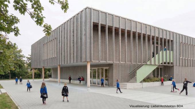 Visualisierung des Neubaus der Turnhalle Oberdollendorf mit OGS-Erweiterung