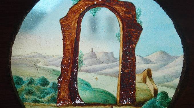 Laterna-Magica-Bild „Rolandsbogen“, Glas, handbemalt, vermutlich englisch, um 1860 © Privatbesitz laterna magica bild rolandsbogen , glas, handbemalt, vermutlich englisch, um 1860, © privatbesitz